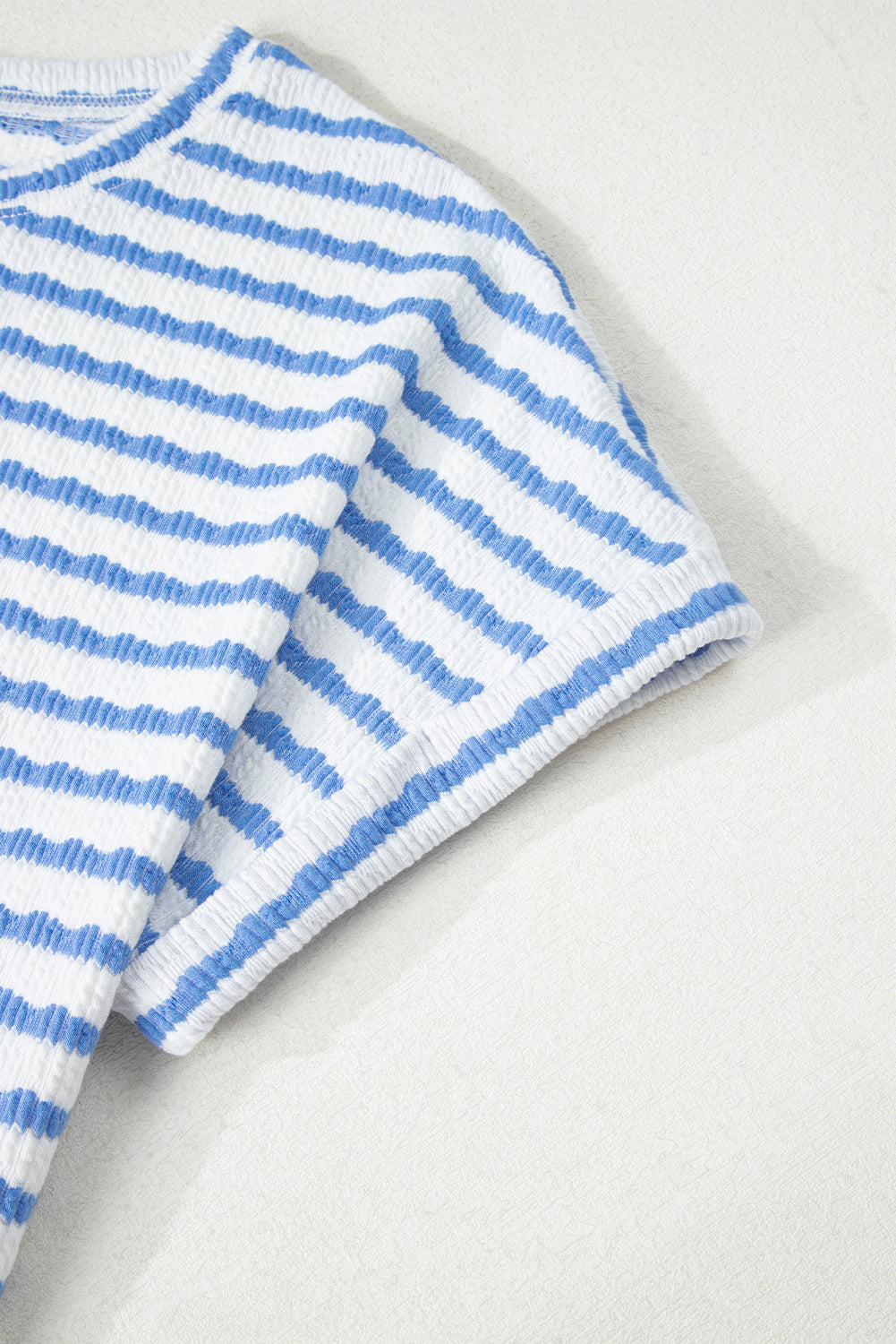 Sky Blue Stripe Knitted Short Sleeve Top and Drawstring Shorts Set-Two Piece Sets/Short Sets-[Adult]-[Female]-2022 Online Blue Zone Planet