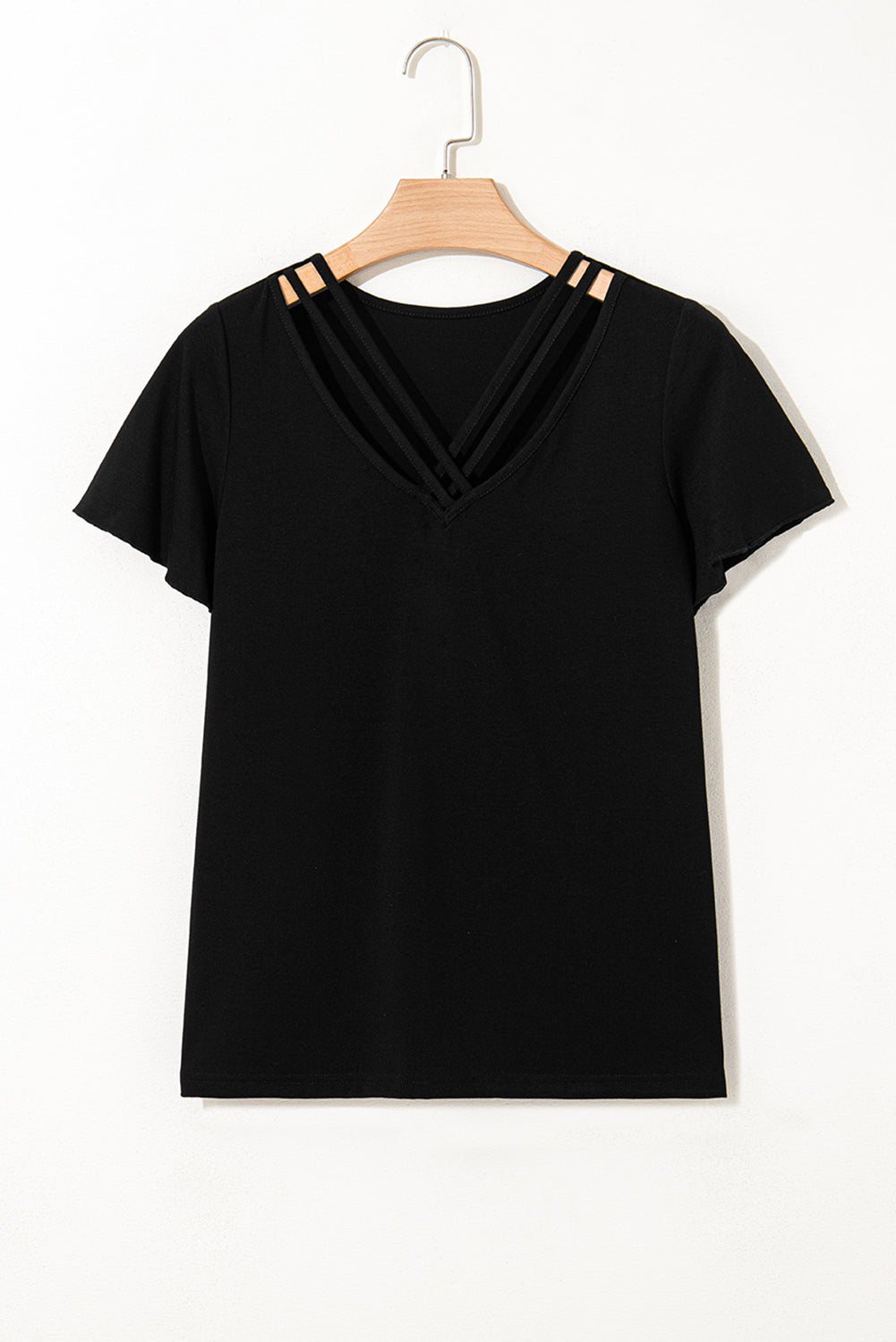 Black Crisscross V Neck Butterfly Sleeve T Shirt-Tops/Tops & Tees-[Adult]-[Female]-2022 Online Blue Zone Planet