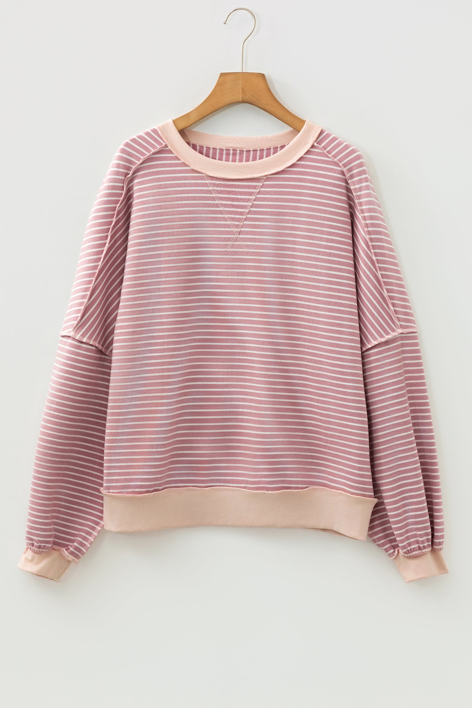 Pink Stripe Exposed Stitching Patchwork Casual Long Sleeve Top-Tops/Long Sleeve Tops-[Adult]-[Female]-2022 Online Blue Zone Planet