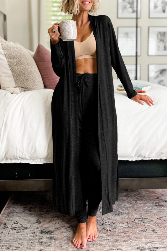 Black Split Long Cardigan and Skinny Pants Lounge Set-Loungewear & Sleepwear/Loungewear-[Adult]-[Female]-Black-S-2022 Online Blue Zone Planet