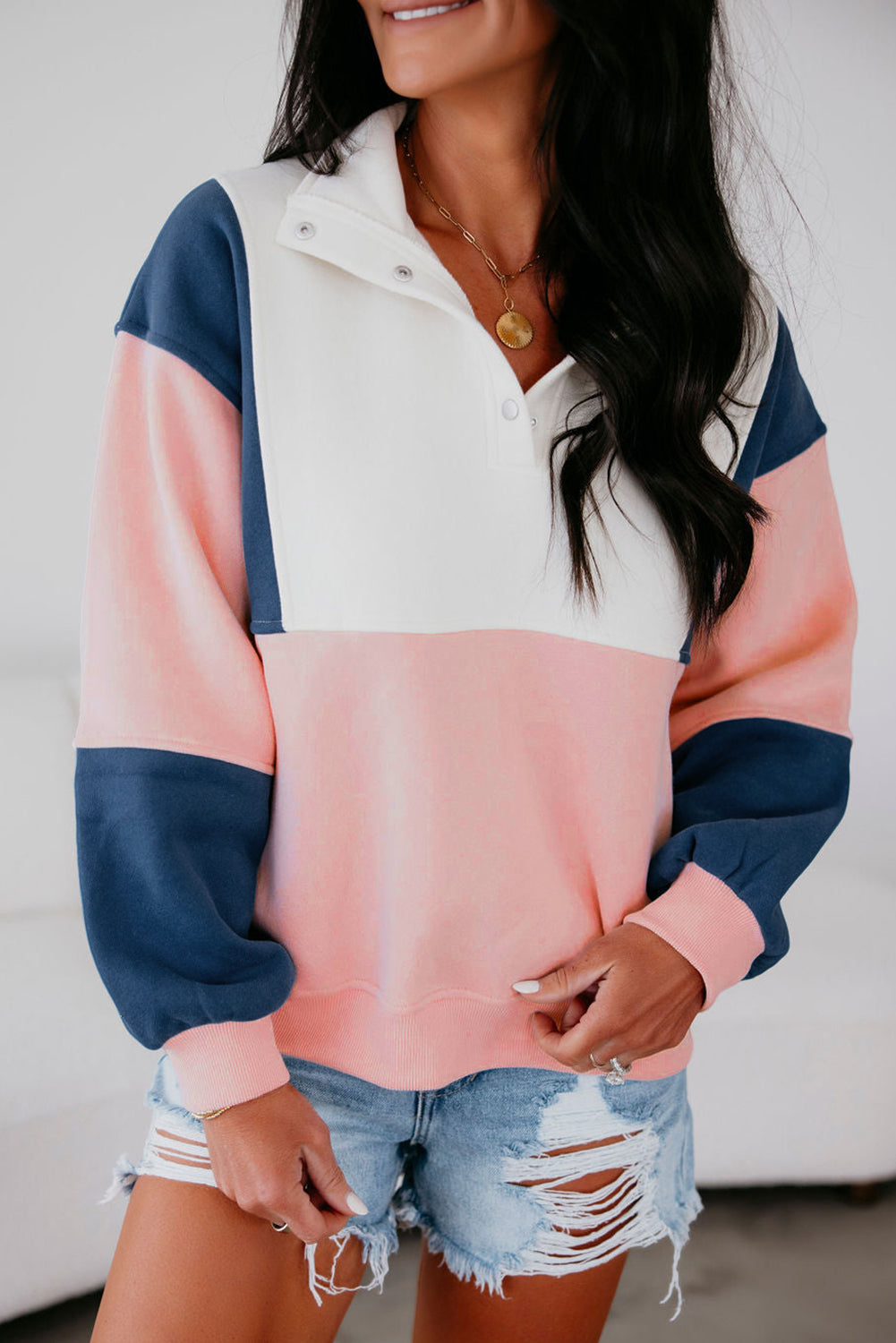 Pink Colorblock Patchwork Half Button Baggy Sweatshirt-Tops/Sweatshirts & Hoodies-[Adult]-[Female]-2022 Online Blue Zone Planet