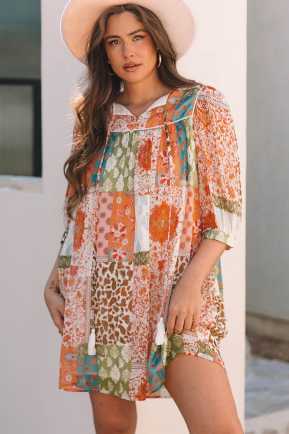 Blue Zone Planet | Orange Boho Paisley Mixed Print 3/4 Sleeve Chiffon Loose Dress-TOPS / DRESSES-[Adult]-[Female]-2022 Online Blue Zone Planet