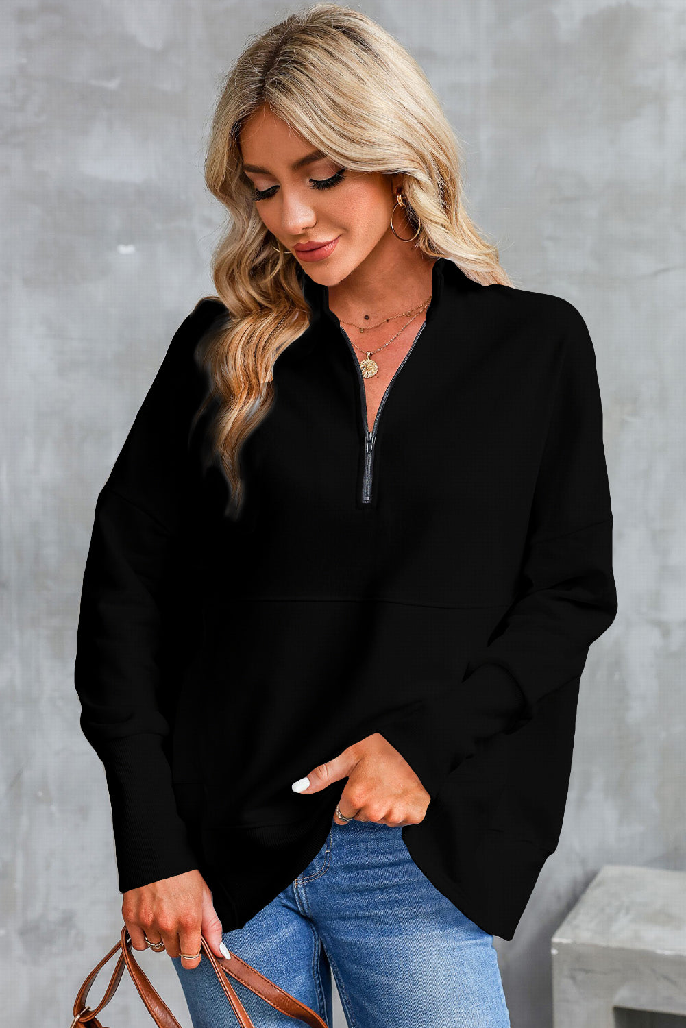 Half Zip Pocketed Dropped Shoulder Sweatshirt-TOPS / DRESSES-[Adult]-[Female]-Black-S-2022 Online Blue Zone Planet