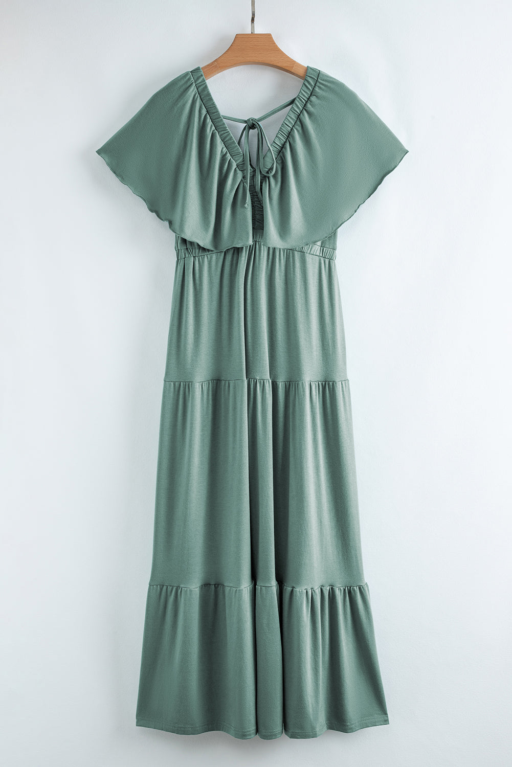 Green Textured V Neck Flutter Sleeve Ruffled Maxi Dress-TOPS / DRESSES-[Adult]-[Female]-2022 Online Blue Zone Planet