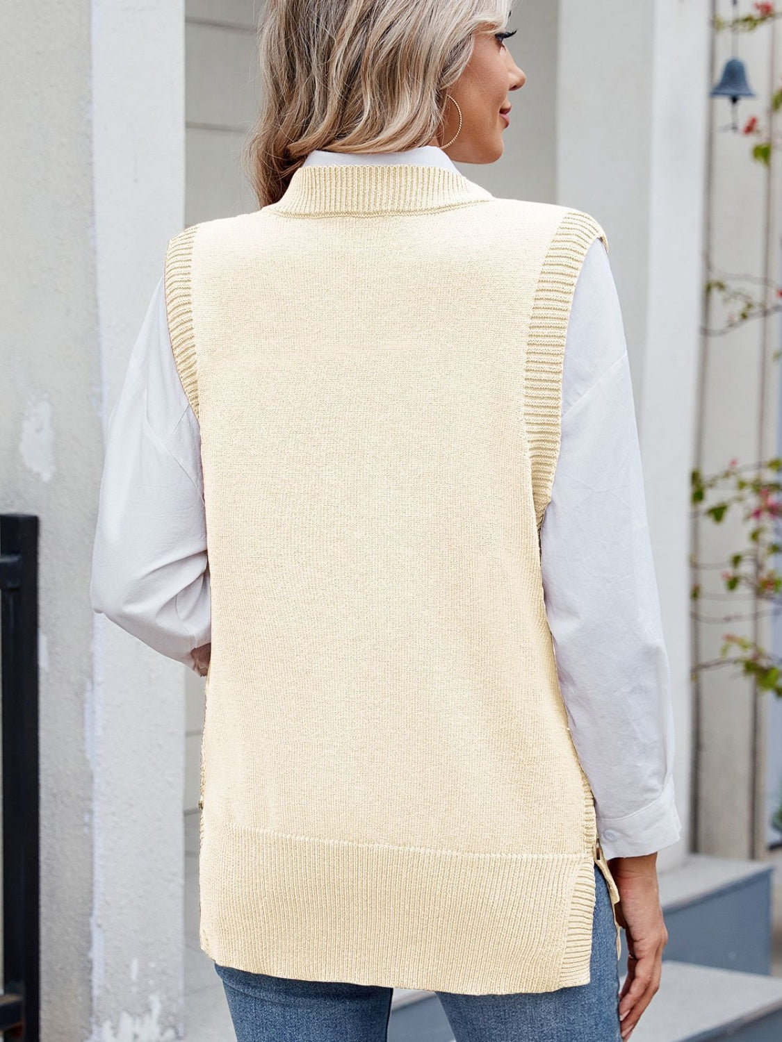 Buttoned Round Neck Sweater Vest-TOPS / DRESSES-[Adult]-[Female]-2022 Online Blue Zone Planet