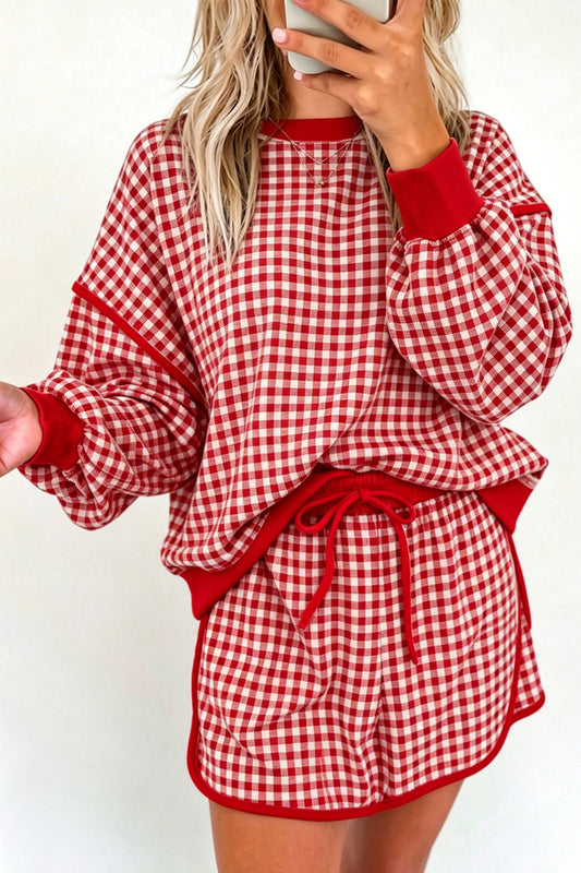 Red Gingham Oversized Ribbed Trim Crew Neck Long Sleeve Top and Skort Set-Two Piece Sets/Two Piece Dresses-[Adult]-[Female]-Red-S-2022 Online Blue Zone Planet