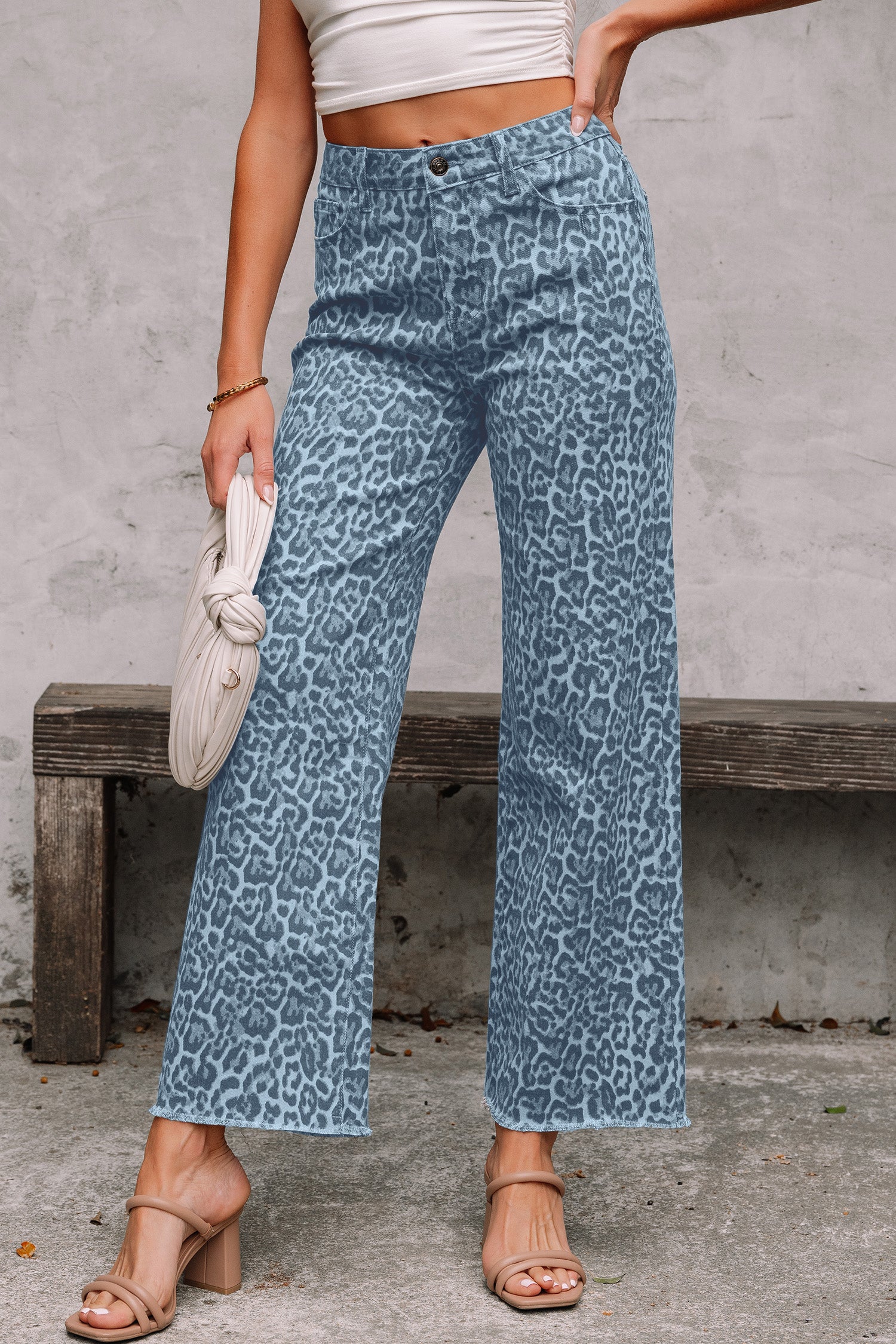 Gray Leopard Frayed Edge Wide Leg High Waist Jeans-Bottoms/Jeans-[Adult]-[Female]-Sky Blue-4-2022 Online Blue Zone Planet