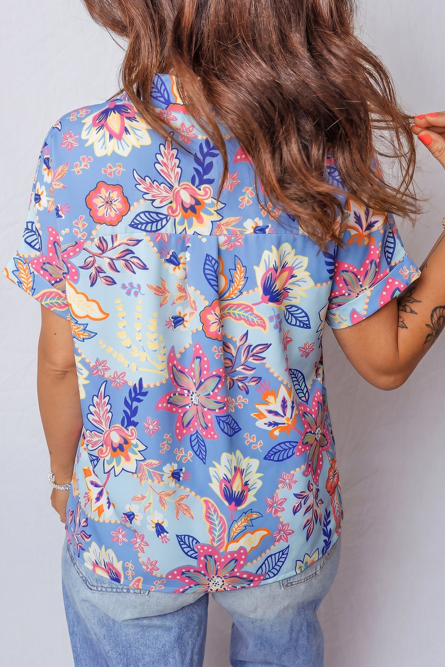 Purple Vacation Floral Print V Neck Short Sleeve Blouse-Tops/Blouses & Shirts-[Adult]-[Female]-2022 Online Blue Zone Planet