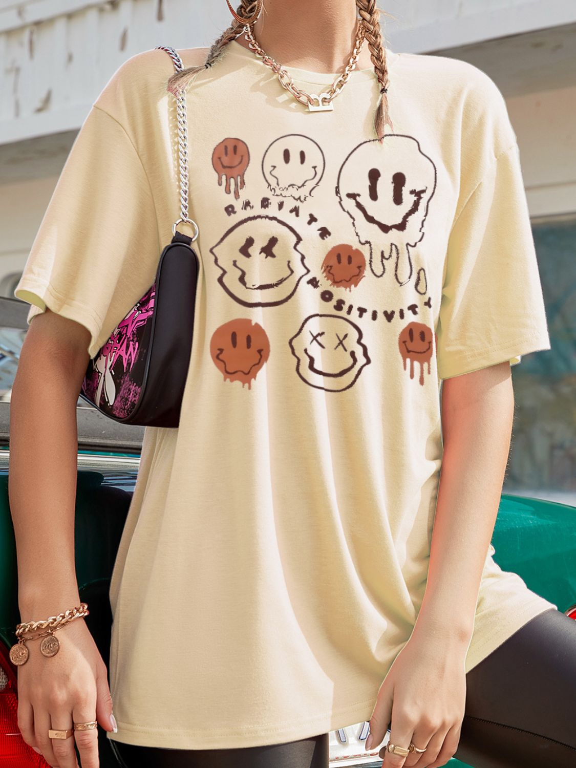 Graphic Round Neck Half Sleeve T-Shirt-TOPS / DRESSES-[Adult]-[Female]-Tan-S-2022 Online Blue Zone Planet