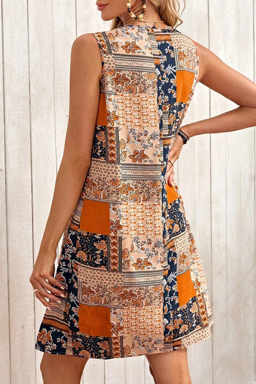 Blue Zone Planet | Orange Retro Floral Patchwork Print Sleeveless Mini Dress-TOPS / DRESSES-[Adult]-[Female]-2022 Online Blue Zone Planet