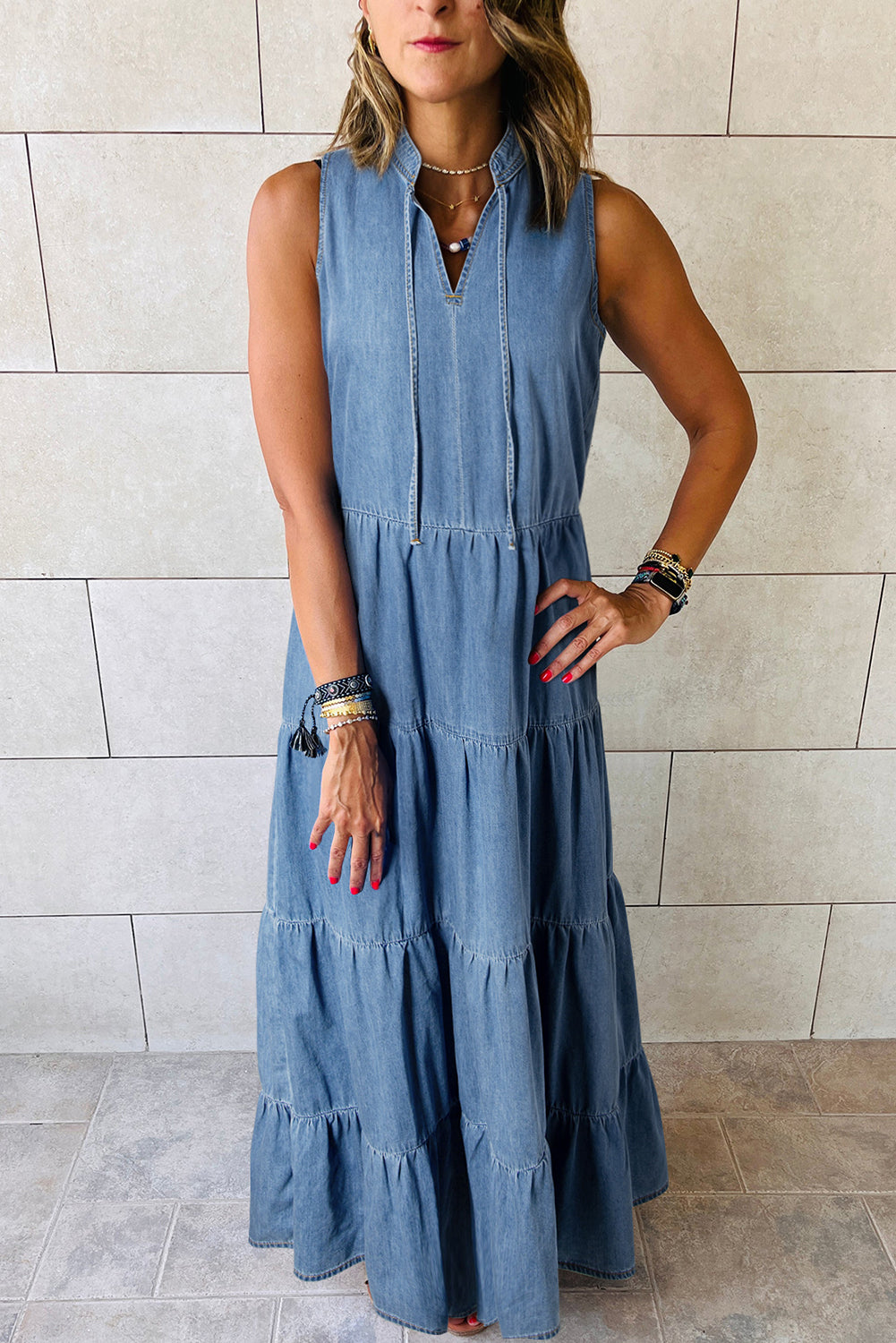 Blue Zone Planet |  Real Teal Sleeveless Tiered Chambray Maxi Dress Blue Zone Planet