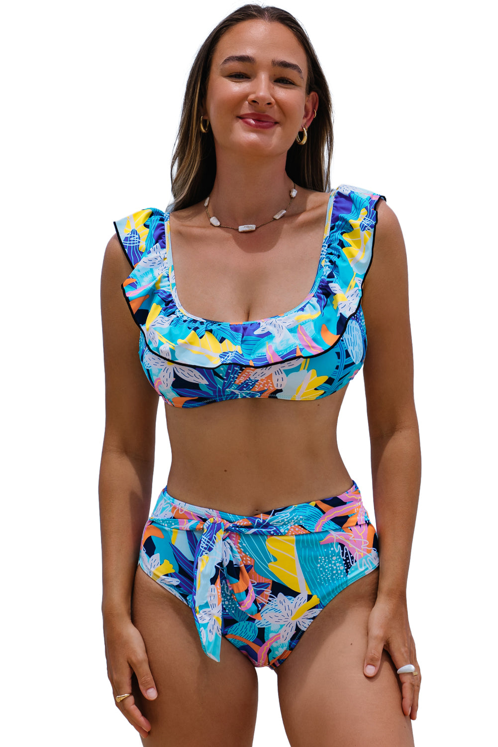 Green Tropical Print Ruffled Square Neck Tie High Waist Swimsuit Blue Zone Planet