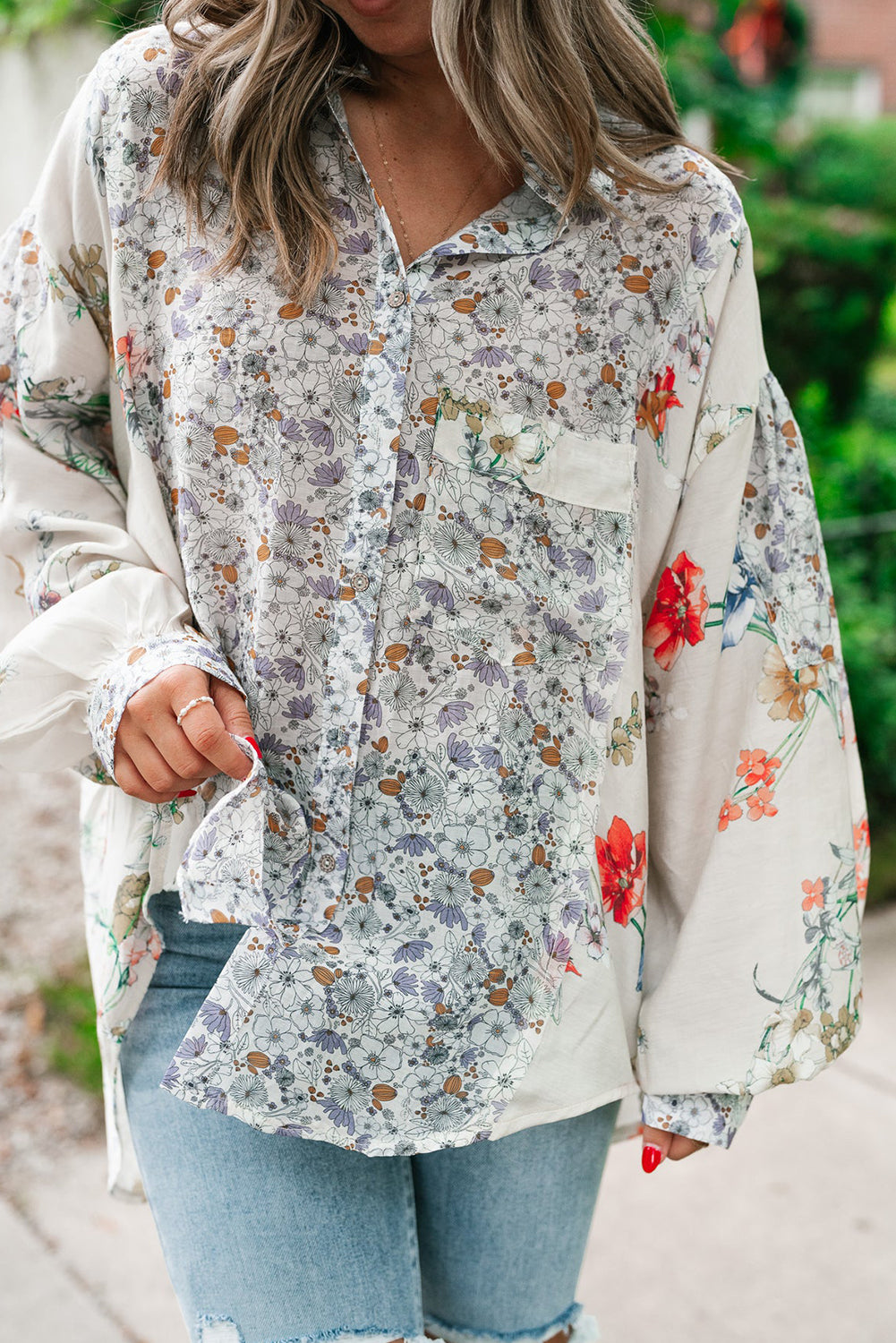 Blue Zone Planet | Purple Boho Floral Bishop Sleeve Button Up Loose Shirt-Tops/Blouses & Shirts-[Adult]-[Female]-2022 Online Blue Zone Planet