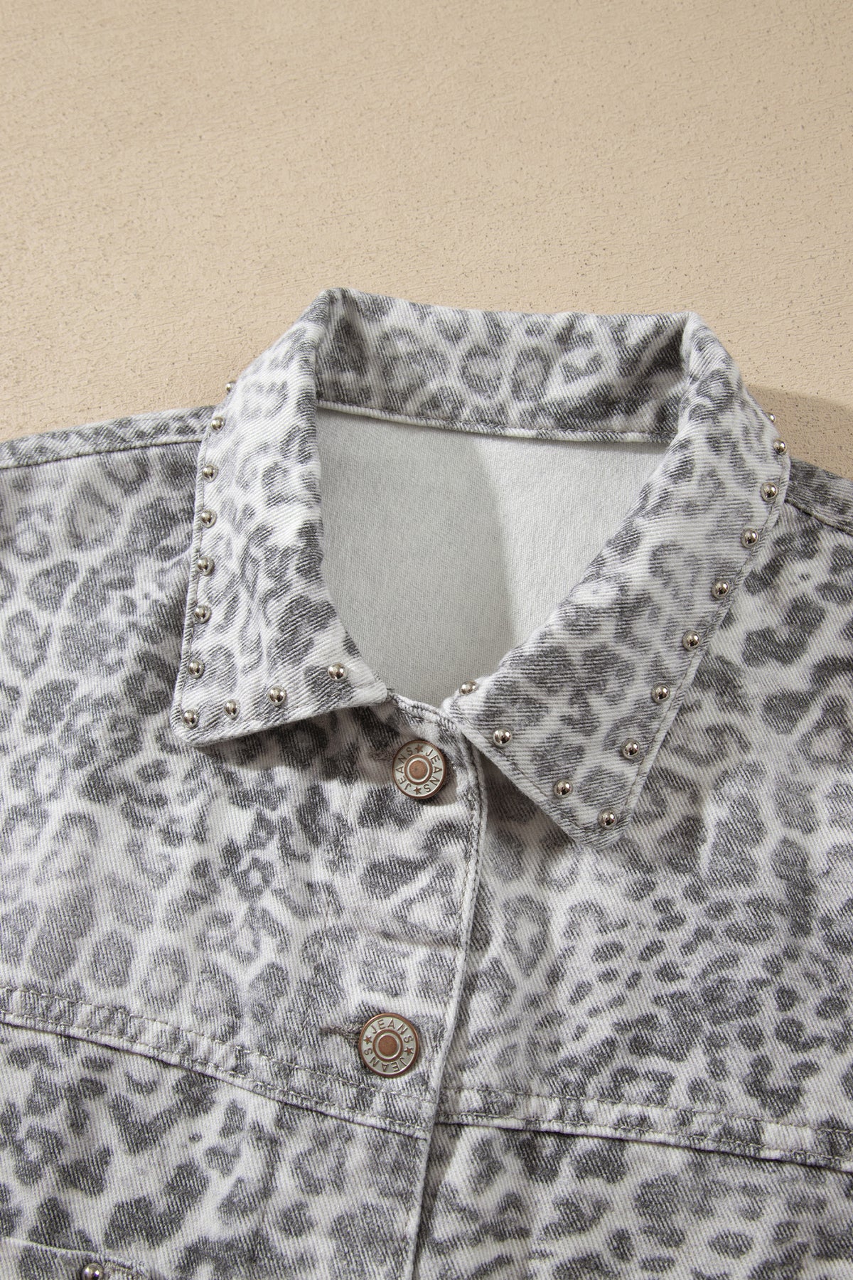 Khaki Leopard Print Studded Collar Studded Patch Pocket Denim Jacket-Outerwear/Denim jackets-[Adult]-[Female]-2022 Online Blue Zone Planet