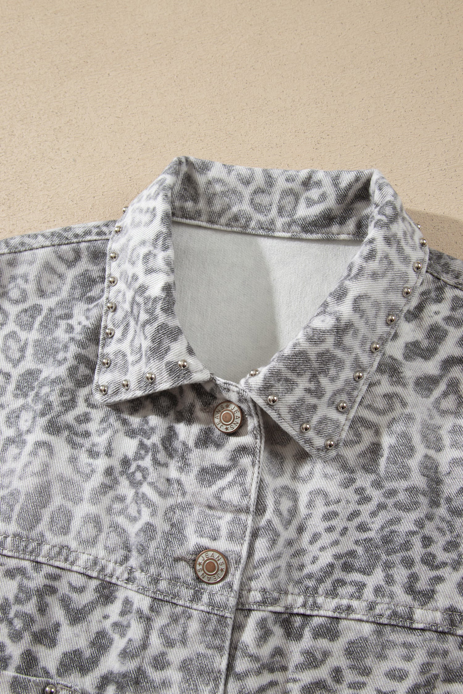 Khaki Leopard Print Studded Collar Studded Patch Pocket Denim Jacket-Outerwear/Denim jackets-[Adult]-[Female]-2022 Online Blue Zone Planet