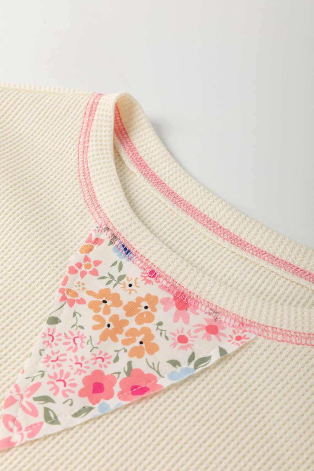 Beige Floral Patchwork Chest Pocket Wide Sleeve Waffle T Shirt-Tops/Tops & Tees-[Adult]-[Female]-2022 Online Blue Zone Planet