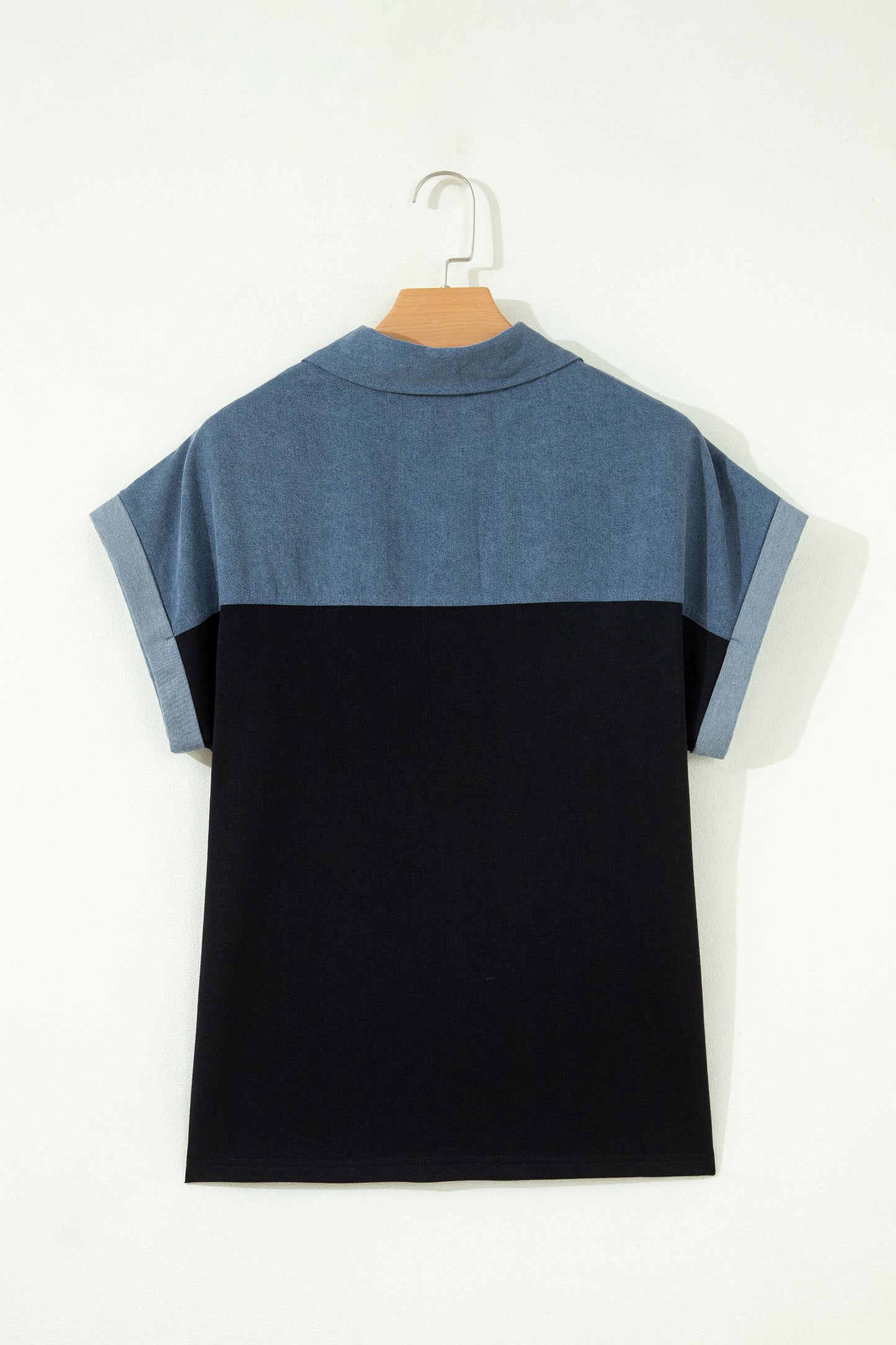 Black Color Block Denim Patchwork Button Polo Collar Short Sleeve Top-Tops/Blouses & Shirts-[Adult]-[Female]-2022 Online Blue Zone Planet