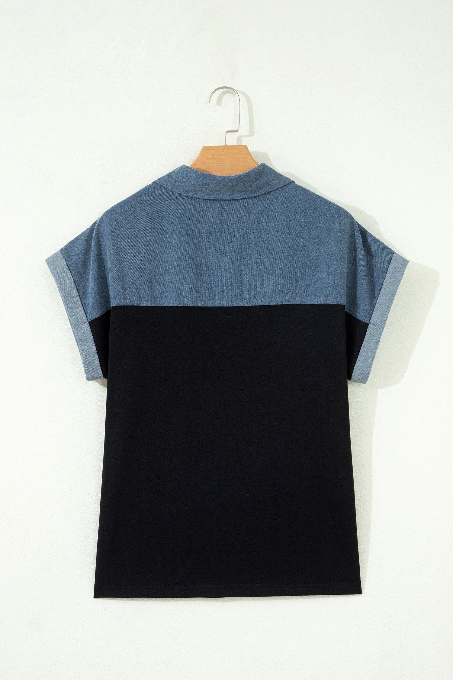 Black Color Block Denim Patchwork Button Polo Collar Short Sleeve Top-Tops/Blouses & Shirts-[Adult]-[Female]-2022 Online Blue Zone Planet