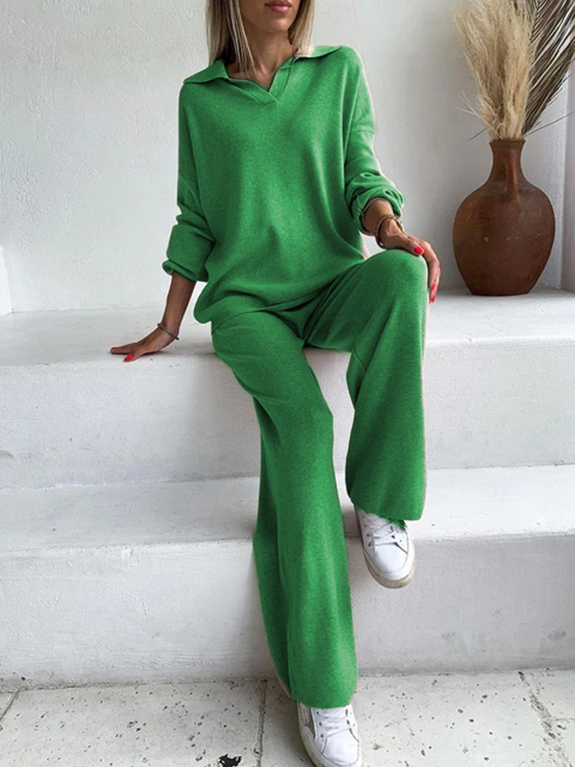 Johnny Collar Long Sleeve Top and Pants Sweater Set-TOPS / DRESSES-[Adult]-[Female]-Dark Green-One Size-2022 Online Blue Zone Planet