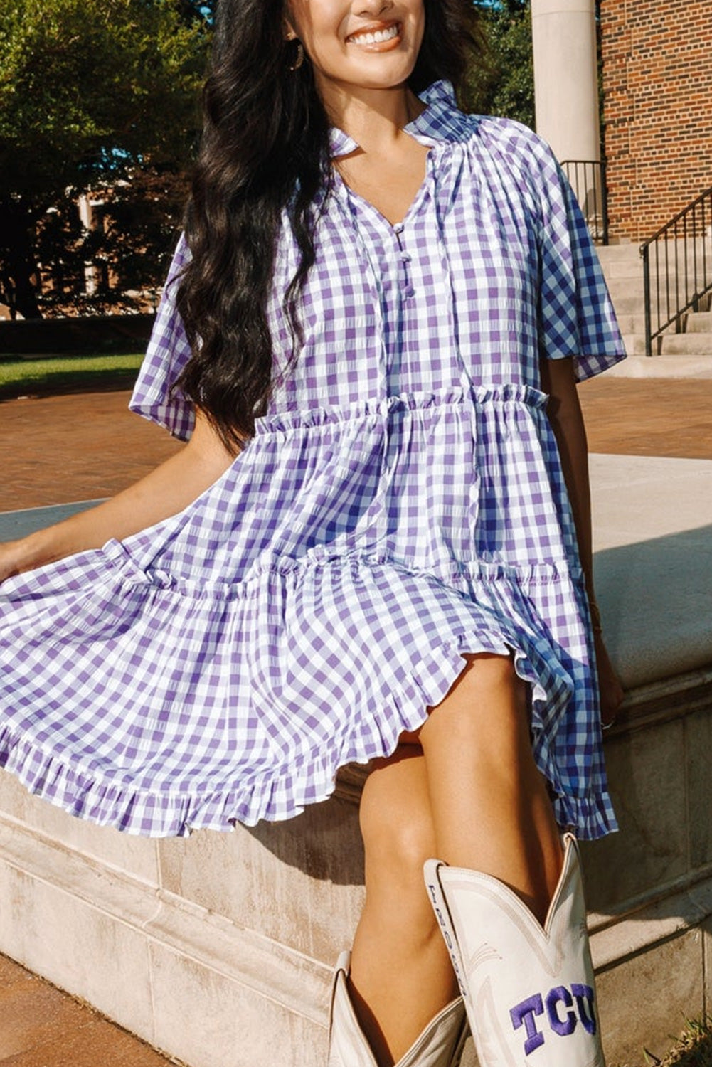 Lavendula Plaid Ruffle Wide Short Sleeve Babydoll Mini Dress-TOPS / DRESSES-[Adult]-[Female]-Lavendula-S-2022 Online Blue Zone Planet