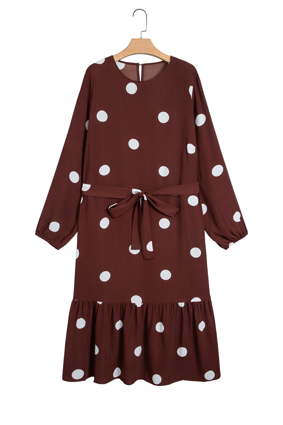 Brown Polka Dot Ruffled Hem Long Sleeve Tie Waist Plus Size Dress-TOPS / DRESSES-[Adult]-[Female]-2022 Online Blue Zone Planet
