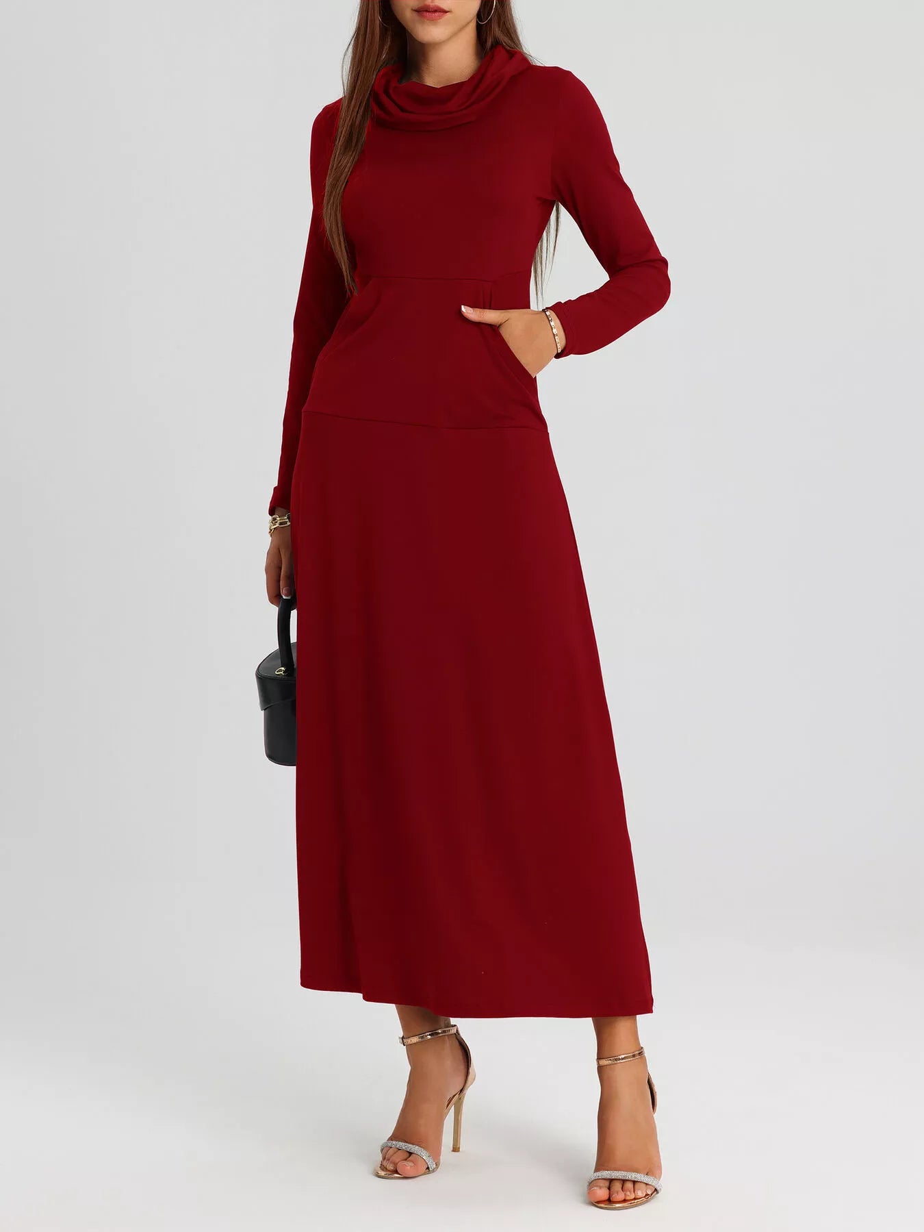 Cowl Neck Long Sleeve Midi Dress – Blue Zone Planet