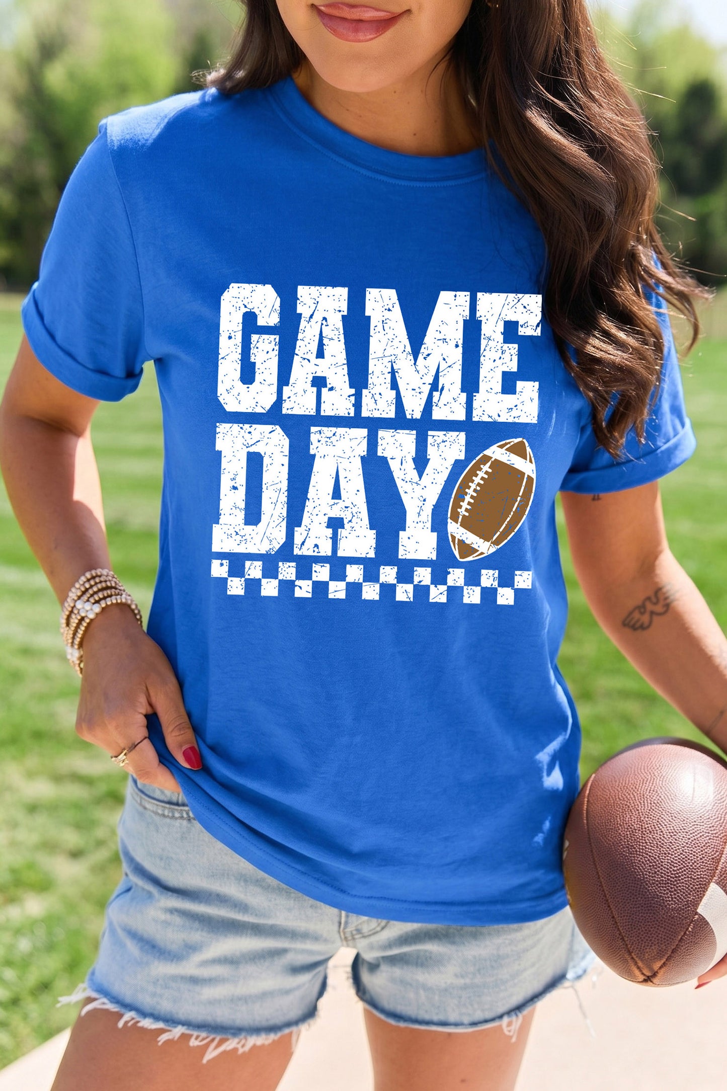 Dark Blue GAME DAY Checkered Print Rugby Graphic T Shirt-Graphic/Graphic Tees-[Adult]-[Female]-2022 Online Blue Zone Planet