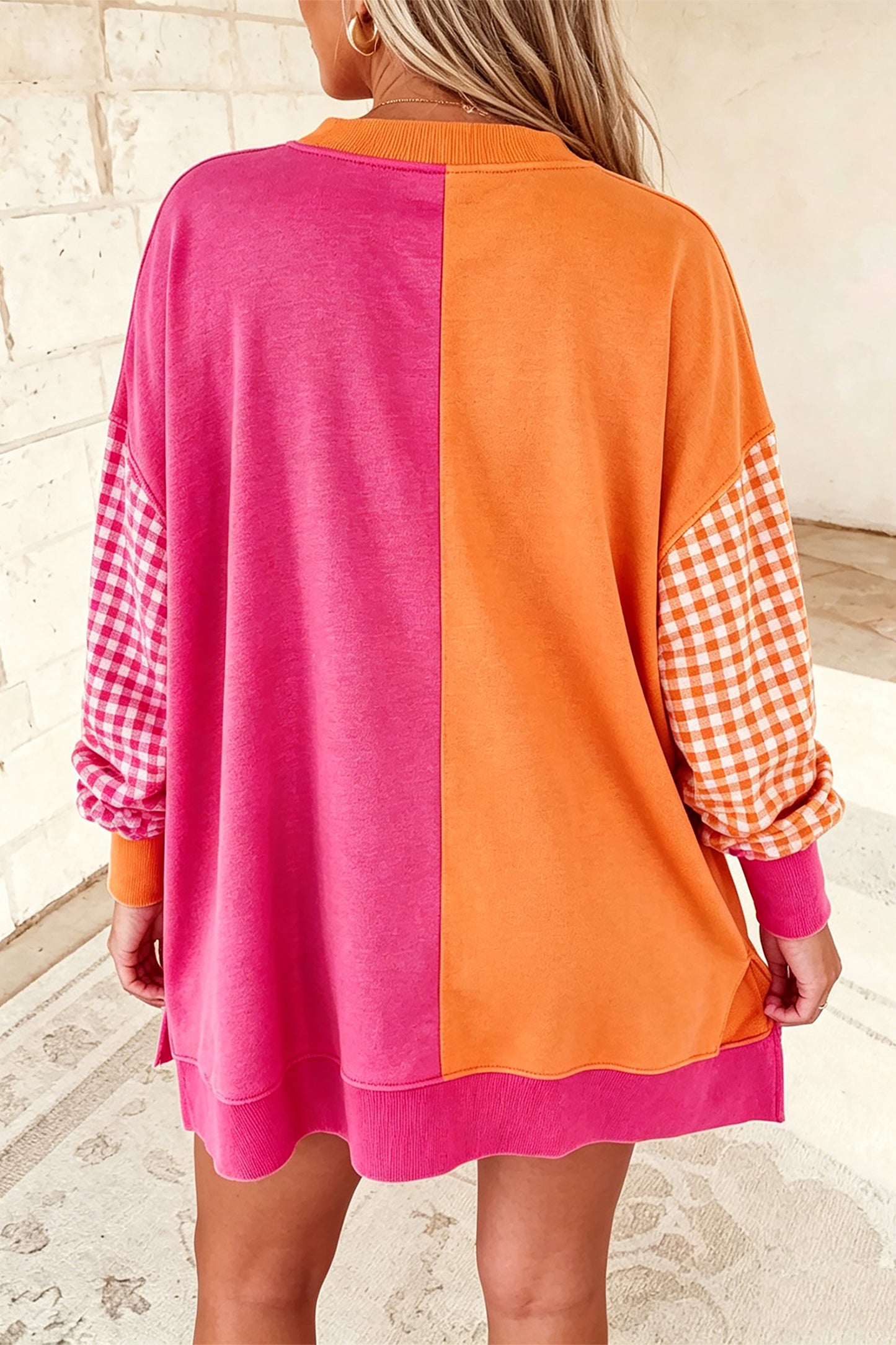 Rose Red Colorblock Gingham Sleeve Crewneck Sweatshirt-Tops/Sweatshirts & Hoodies-[Adult]-[Female]-2022 Online Blue Zone Planet