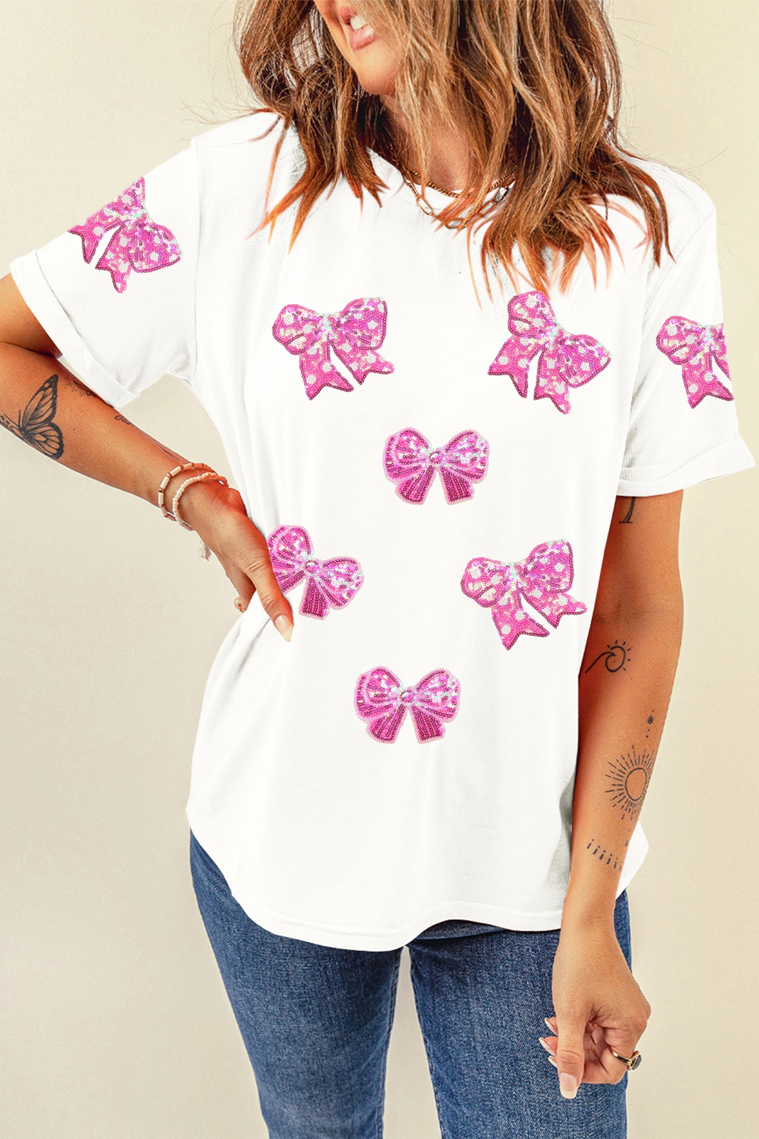 White Shimmering Bow Patched Pattern Valentine T Shirt-Graphic Tees-[Adult]-[Female]-2022 Online Blue Zone Planet