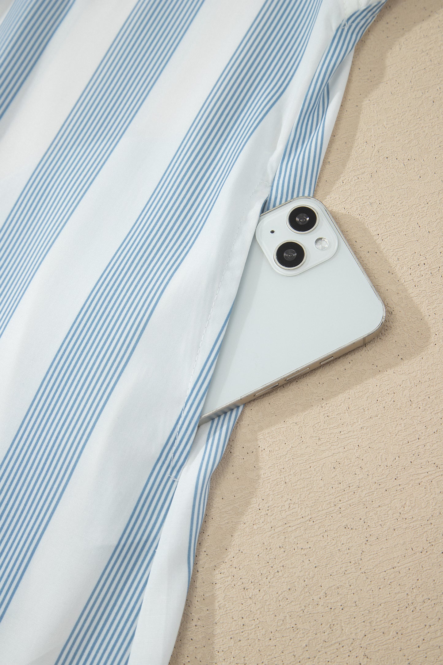 Sky Blue Stripe Subtle Lace Detail V Neck Ruffle Trim Casual Dress-TOPS / DRESSES-[Adult]-[Female]-2022 Online Blue Zone Planet