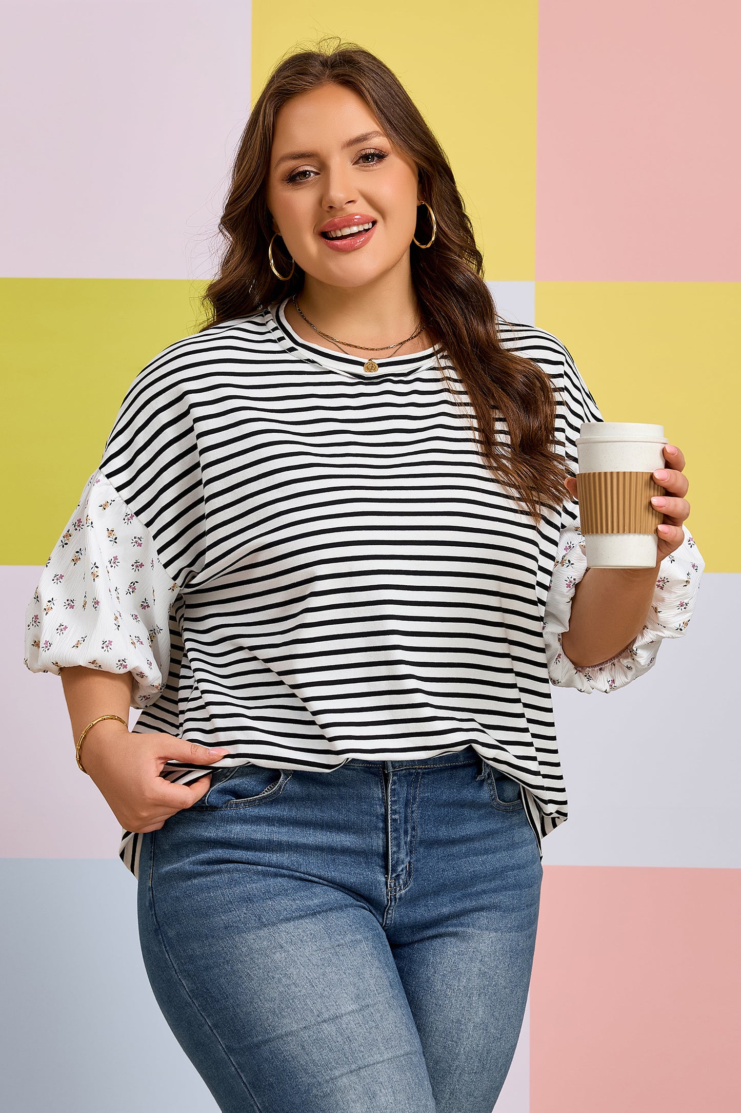 Black Stripe Plus Size Striped Short Sleeve Top With Floral Puff Sleeves-Plus Size/Plus Size Tops/Plus Size Blouses & Shirts-[Adult]-[Female]-2022 Online Blue Zone Planet