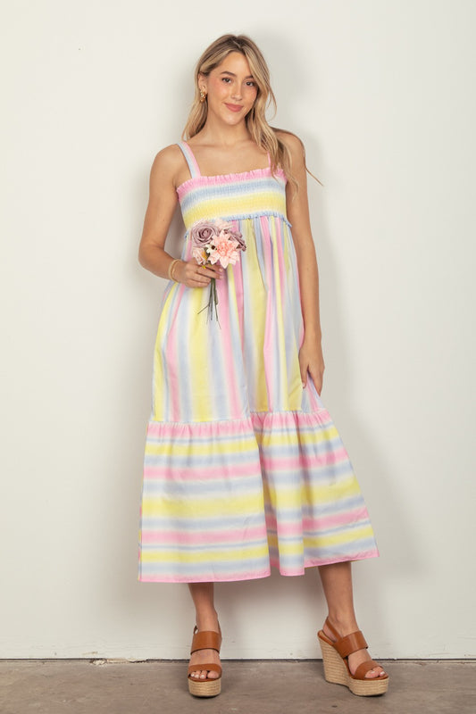 VERY J Striped Woven Smocked Midi Cami Dress-TOPS / DRESSES-[Adult]-[Female]-PINKCOMBO-S-2022 Online Blue Zone Planet