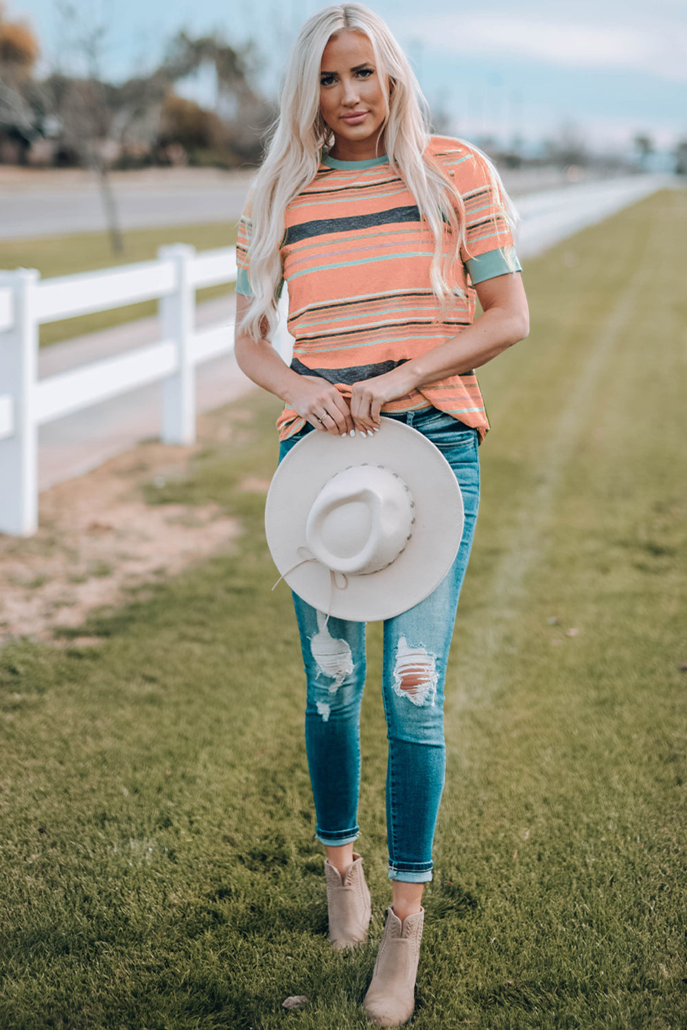 Pink Multicolor Stripes Crew Neck T Shirt-Tops/Tops & Tees-[Adult]-[Female]-2022 Online Blue Zone Planet