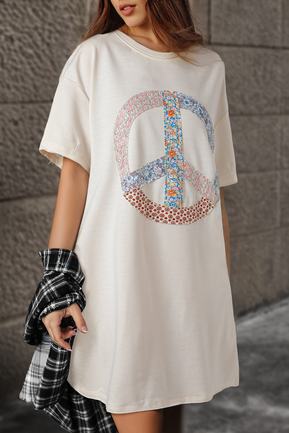 Blue Zone Planet | White Floral Peace Sign Graphic T Shirt Dress-TOPS / DRESSES-[Adult]-[Female]-2022 Online Blue Zone Planet