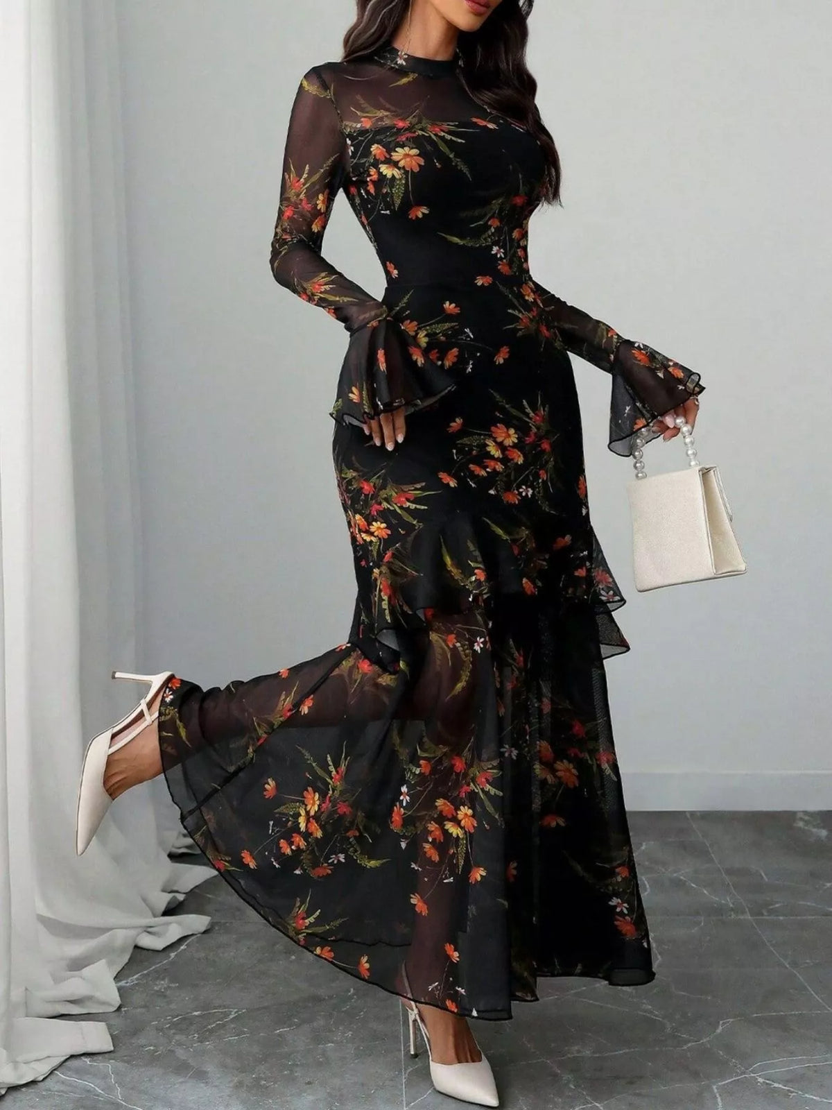 floral flounce maxi dress Floral Frill Trim Flounce Sleeve Plunge Maxi Dress  Perfect Little Peach