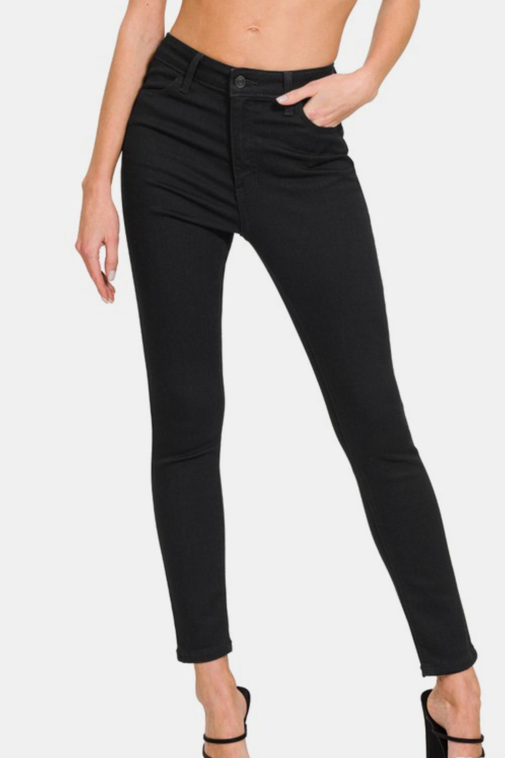 Zenana High Rise Skinny Jeans with Pockets-BOTTOM SIZES SMALL MEDIUM LARGE-[Adult]-[Female]-Black-0(24)-2022 Online Blue Zone Planet