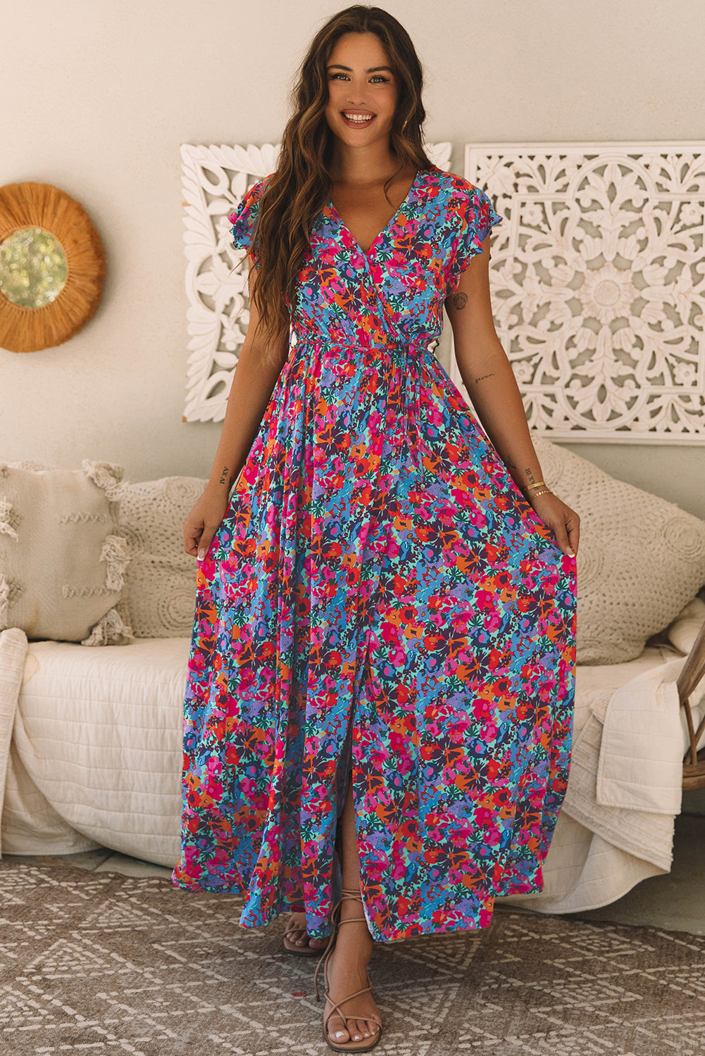 Blue Floral Print V Neck Wrap Split Maxi Dress-Dresses/Floral Dresses-[Adult]-[Female]-2022 Online Blue Zone Planet