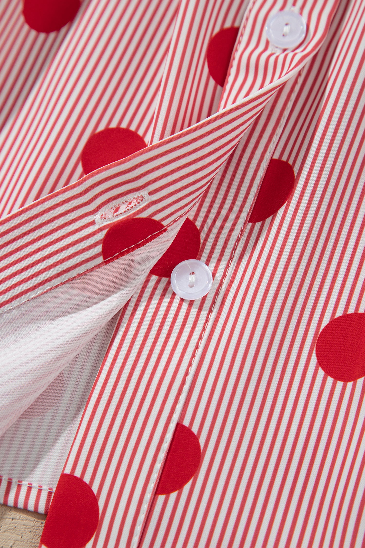 Fiery Red Polka Dot Striped Print Ruffle Stand Neck 3/4 Sleeve Shift Shirt-Tops/Blouses & Shirts-[Adult]-[Female]-2022 Online Blue Zone Planet