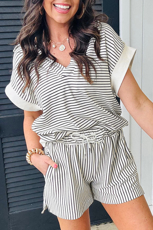 Black Stripe V Neck Tee and Casual Short Set-Two Piece Sets/Short Sets-[Adult]-[Female]-Black Stripe-S-2022 Online Blue Zone Planet