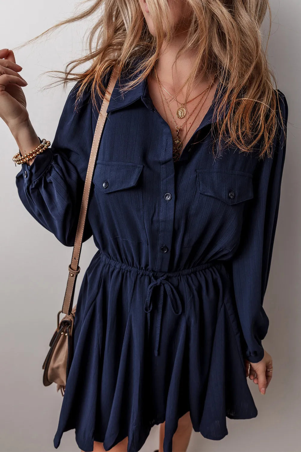 Blue Zone Planet | Drawstring Half Button Long Sleeve Dress-TOPS / DRESSES-[Adult]-[Female]-2022 Online Blue Zone Planet