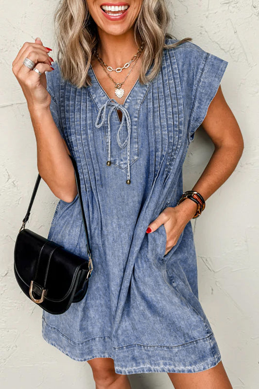 Beau Blue Tie V Neck Tucking Detail Short Sleeve Denim Shift Dress-TOPS / DRESSES-[Adult]-[Female]-Beau Blue-S-2022 Online Blue Zone Planet