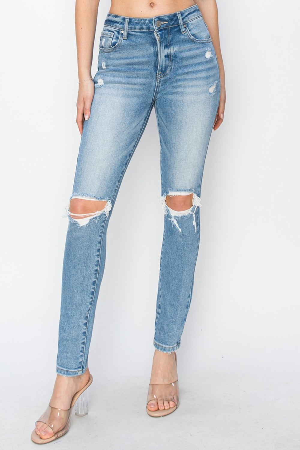 Blue Zone Planet | Risen Full Size High Rise Knee Distressed Skinny Jeans-BOTTOMS SIZES SMALL MEDIUM LARGE-[Adult]-[Female]-2022 Online Blue Zone Planet