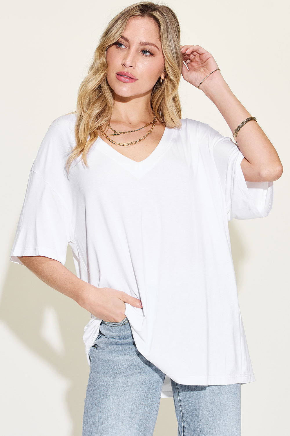 Basic Bae Full Size Bamboo V-Neck Drop Shoulder T-Shirt-TOPS / DRESSES-[Adult]-[Female]-White-S-2022 Online Blue Zone Planet