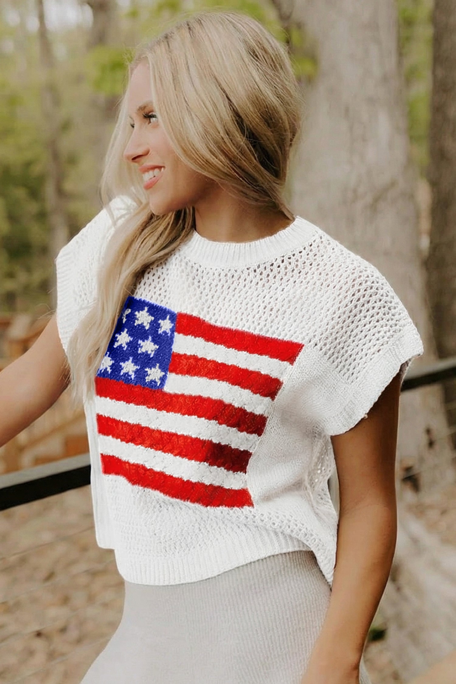 Sky Blue Flag Graphic Short Sleeve Sweater Top-TOPS / DRESSES-[Adult]-[Female]-2022 Online Blue Zone Planet