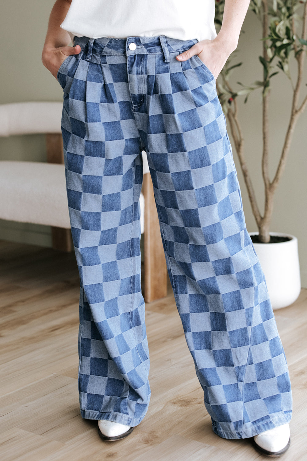 Blue Zone Planet | Dusk Blue Checkered Denim Wide Leg Jeans-Bottoms/Jeans-[Adult]-[Female]-2022 Online Blue Zone Planet
