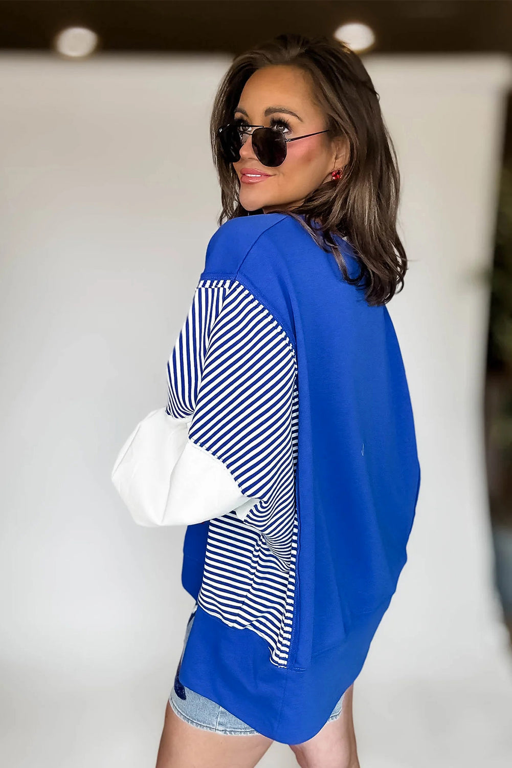 Dark Blue Striped Patchwork Sleeve Colorblock Sweatshirt-Tops/Sweatshirts & Hoodies-[Adult]-[Female]-2022 Online Blue Zone Planet