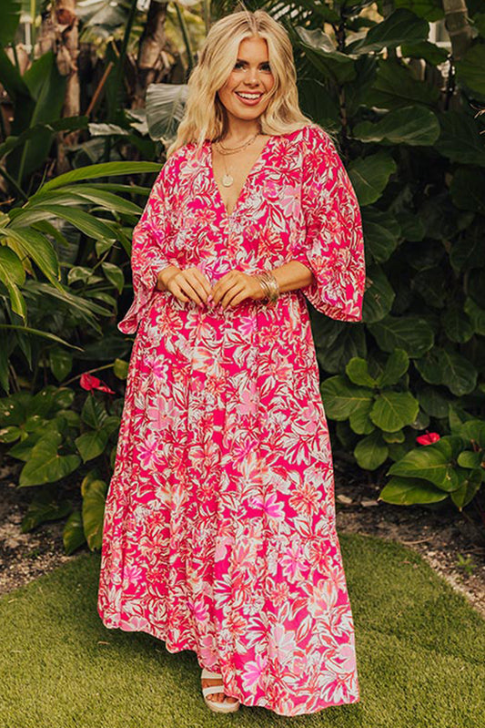 Rose Plus Size Floral V Neck Wide Sleeve Maxi Dress-Plus Size/Plus Size Dresses/Plus Size Maxi Dresses-[Adult]-[Female]-2022 Online Blue Zone Planet