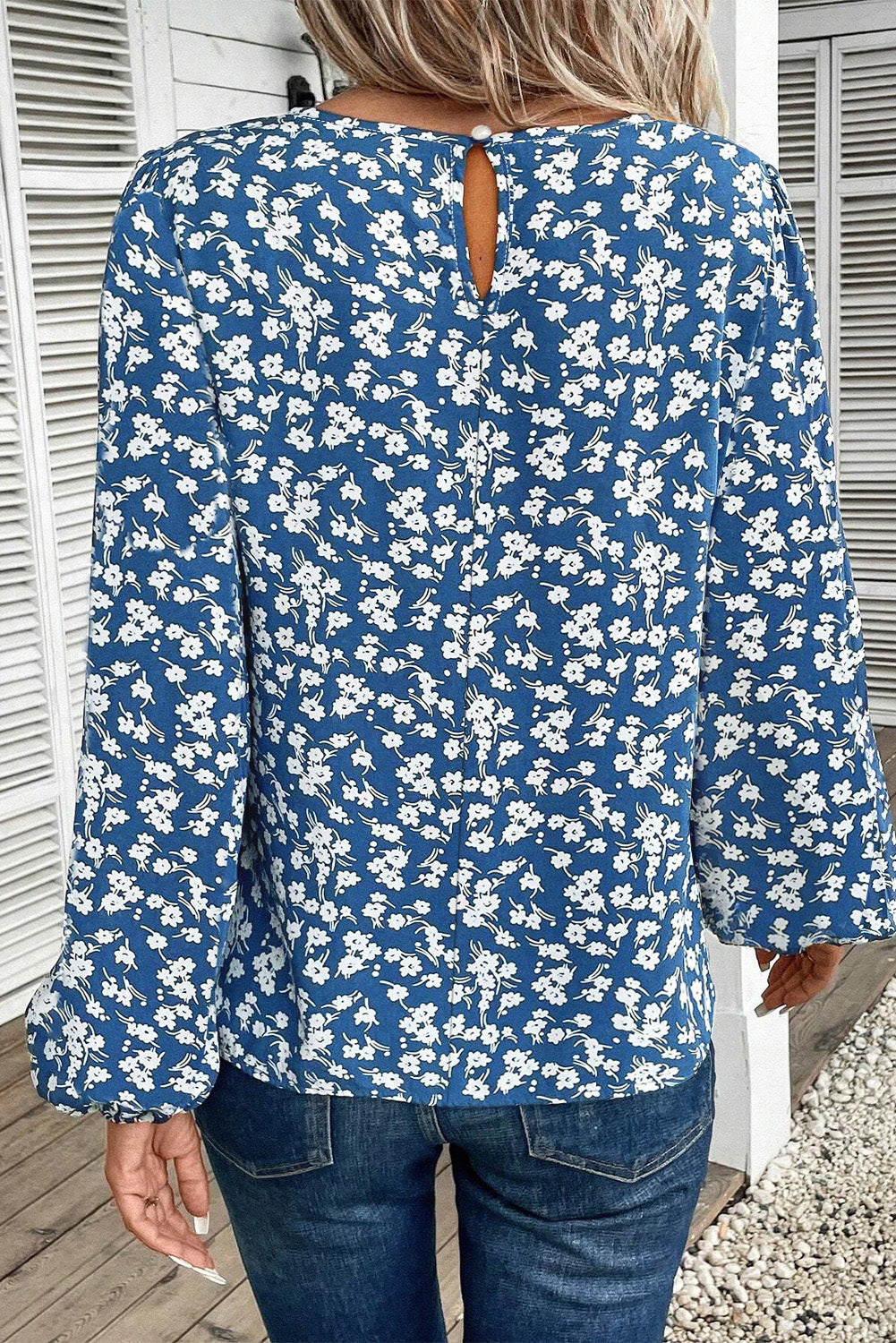 Blue Ditsy Floral Print Lantern Sleeve Blouse-Tops/Blouses & Shirts-[Adult]-[Female]-2022 Online Blue Zone Planet