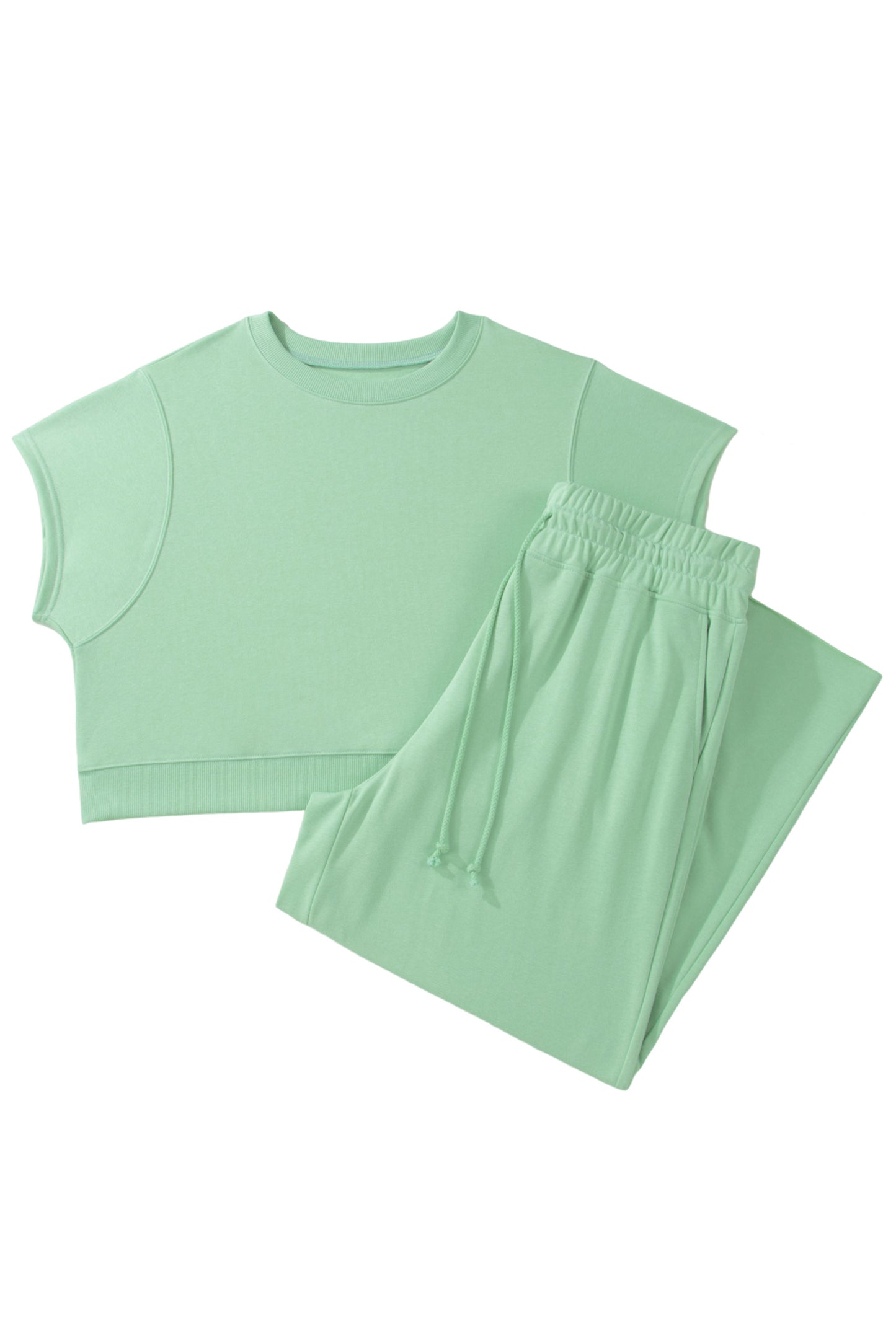Clearly Aqua Solid Color Ribbed Trim Short Sleeve Top Drawstring Loose Pants 2pcs Outfit-Plus Size/Plus Size Loungewear-[Adult]-[Female]-2022 Online Blue Zone Planet