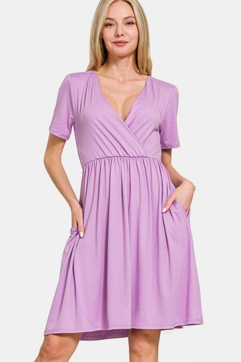 Zenana Surplice Short Sleeve Brushed DTY Dress-TOPS / DRESSES-[Adult]-[Female]-Pink Purple-S-2022 Online Blue Zone Planet